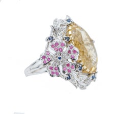 Yellow Topaz, Rubies, Sapphires, Diamonds, 14 Karat White Gold Retrò Ring