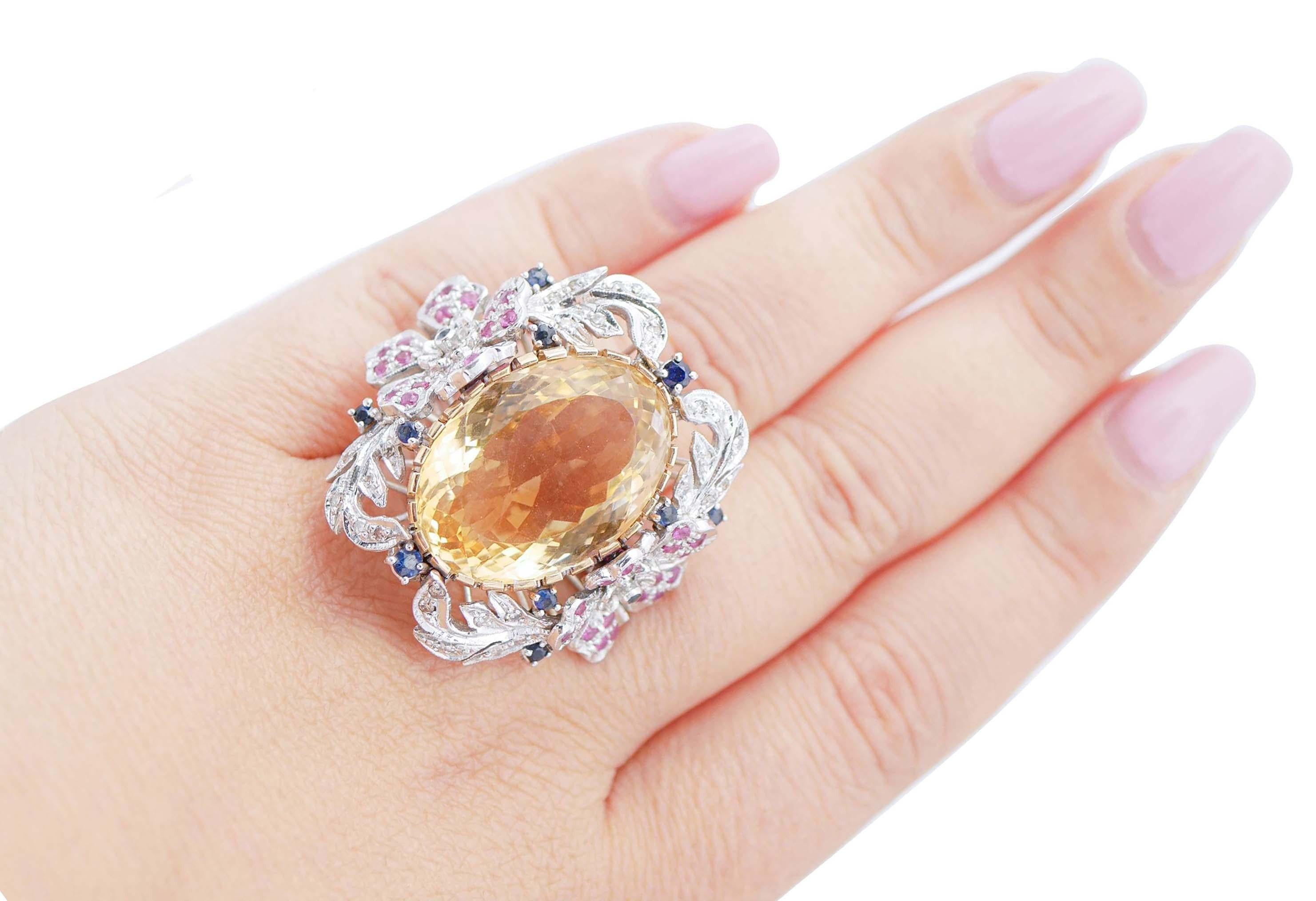 Yellow Topaz, Rubies, Sapphires, Diamonds, 14 Karat White Gold Retrò Ring In Good Condition For Sale In Marcianise, Marcianise (CE)