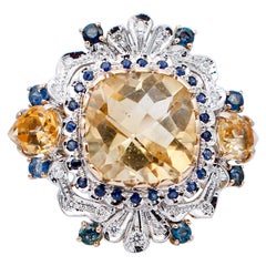 Bague Retrò en or rose et blanc 14 carats, topazes jaunes, saphirs, diamants