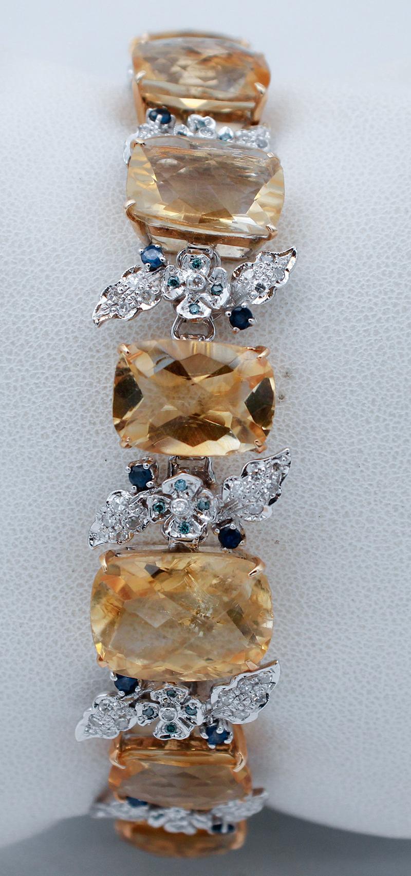 Retro Yellow Topaz, Blue Sapphires, Diamonds, 14 Karat White Gold Bracelet For Sale
