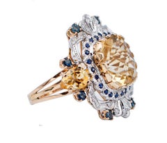 Bague Retrò en or rose et blanc 14 carats, topazes jaunes, saphirs, diamants