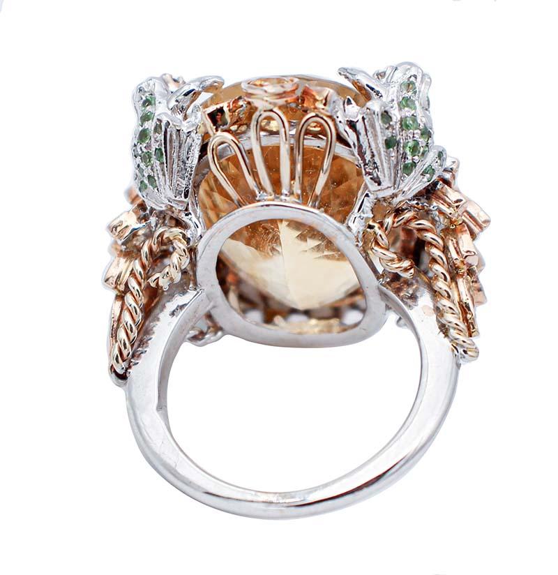 Mixed Cut Topaz, Yellow Sapphires, Tsavorite, Diamonds, 14 Kt White and Rose Gold Ring For Sale