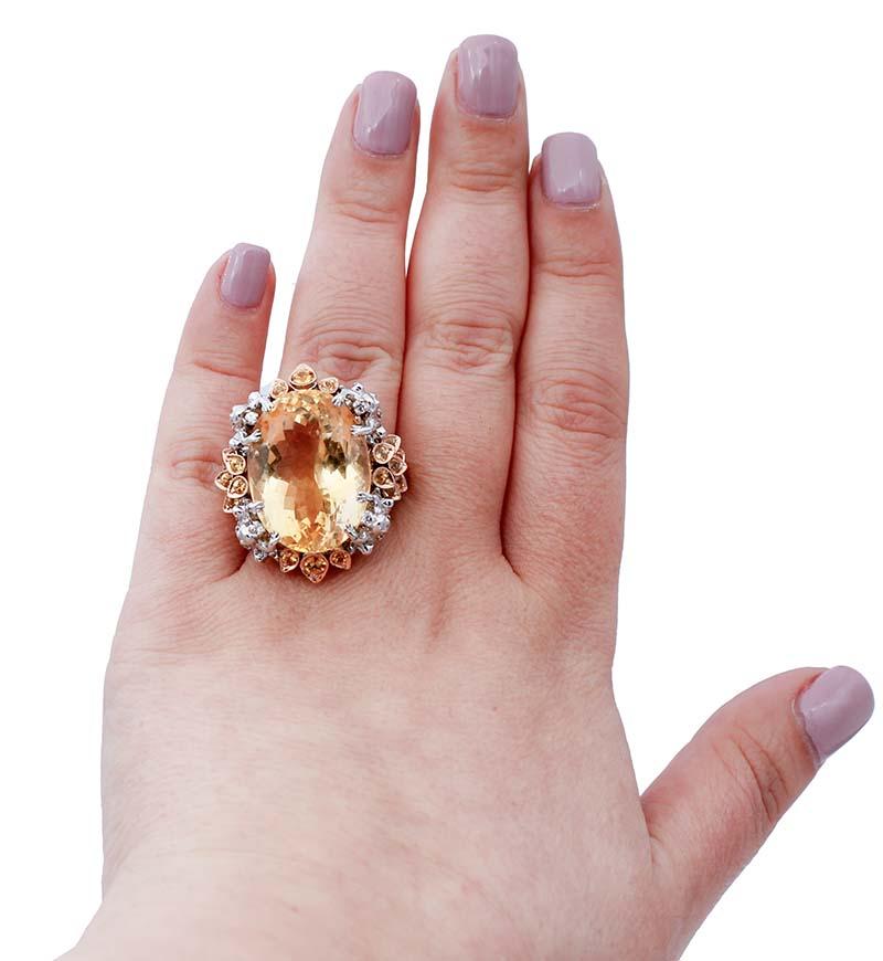 Topaz, Yellow Sapphires, Tsavorite, Diamonds, 14 Kt White and Rose Gold Ring In Good Condition In Marcianise, Marcianise (CE)