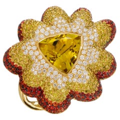 Rosior Anillo de Cóctel de Turmalina Amarilla, Diamante y Zafiro engastado en Oro Amarillo
