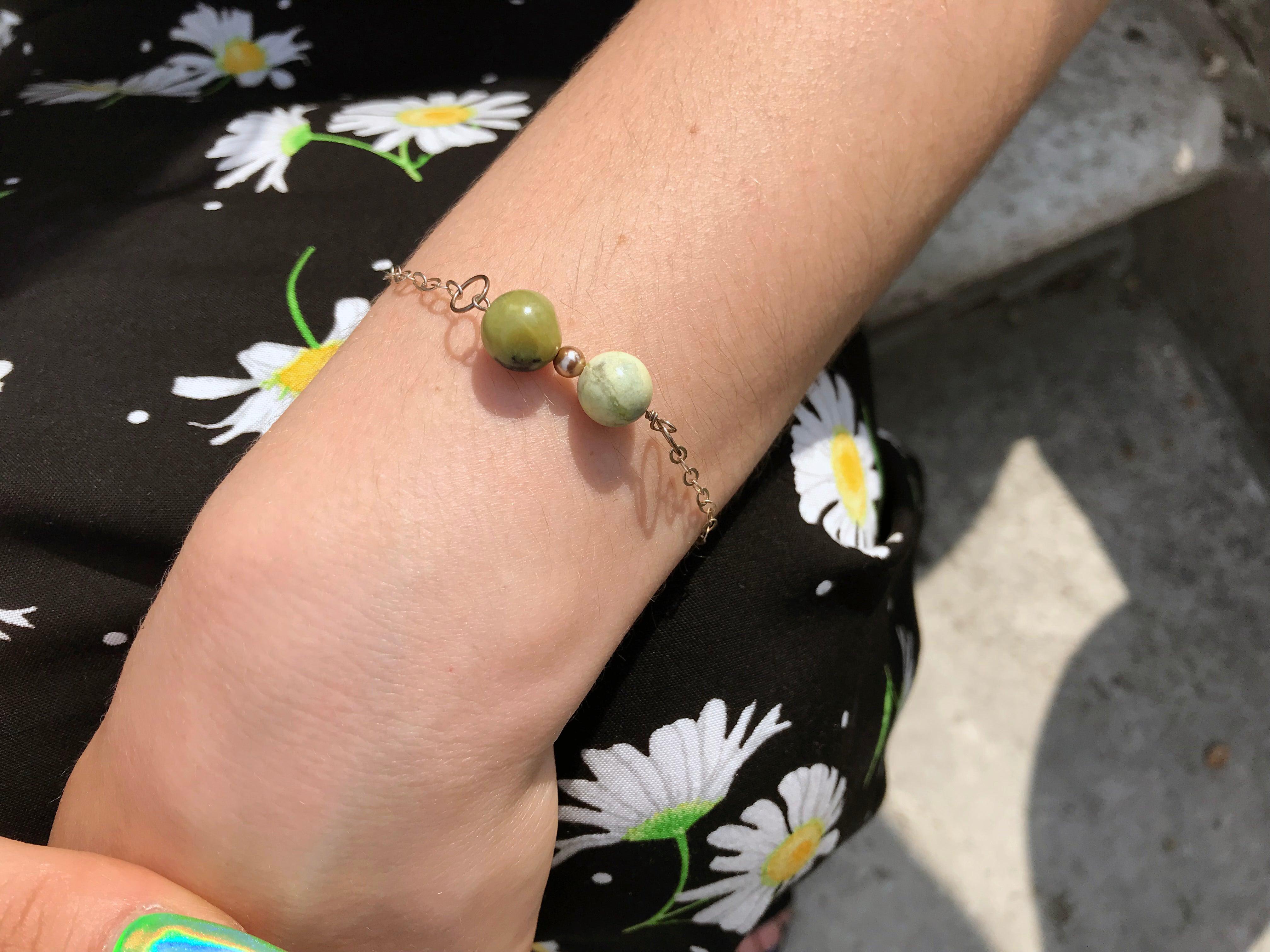 Yellow Turquoise with Swarovski Pearl Adjustable Bracelet, Sterling Silver In New Condition For Sale In London, GB