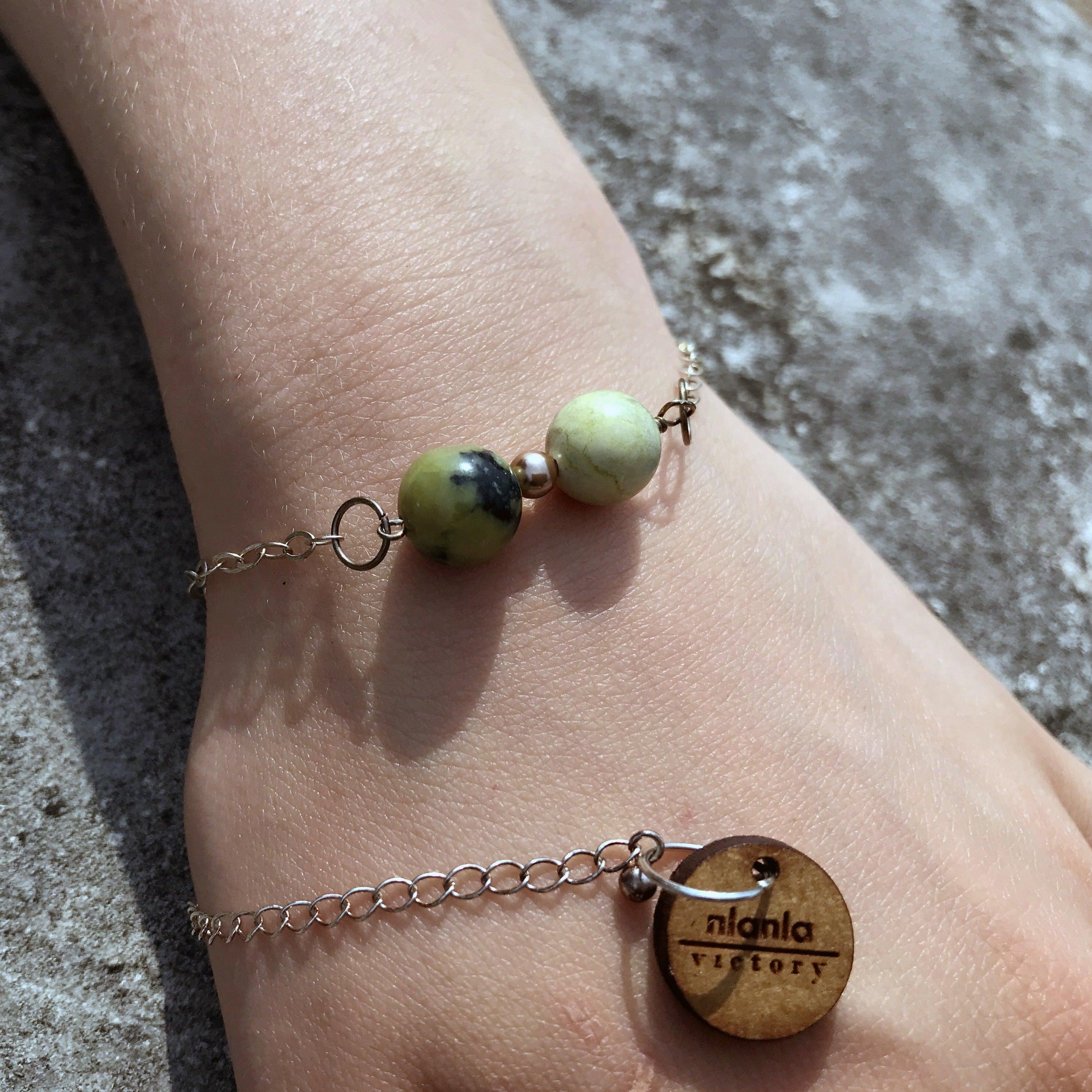 Yellow Turquoise with Swarovski Pearl Adjustable Bracelet, Sterling Silver For Sale 2