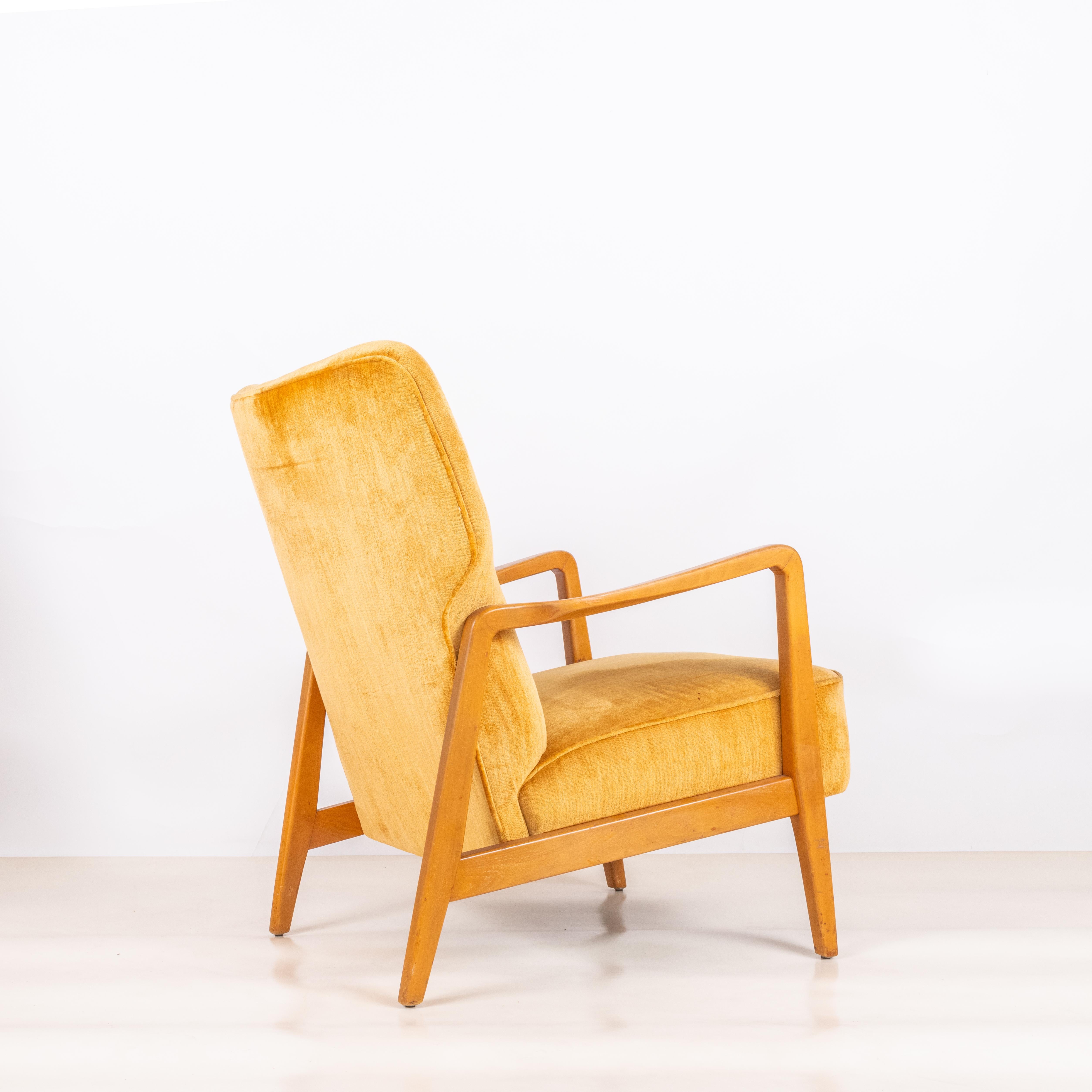 Upholstery Yellow Velvet American Midcentury Armchair in the style of Jens Risom For Sale
