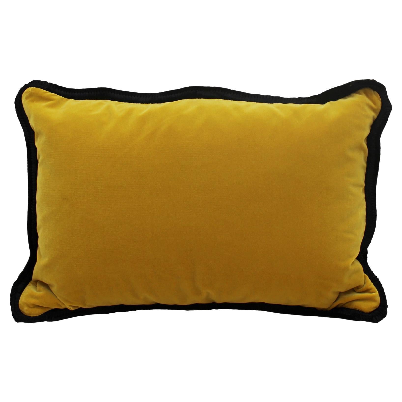 Yellow Velvet Cushion in Cotton with Double Tinsel Trim and Linen Back