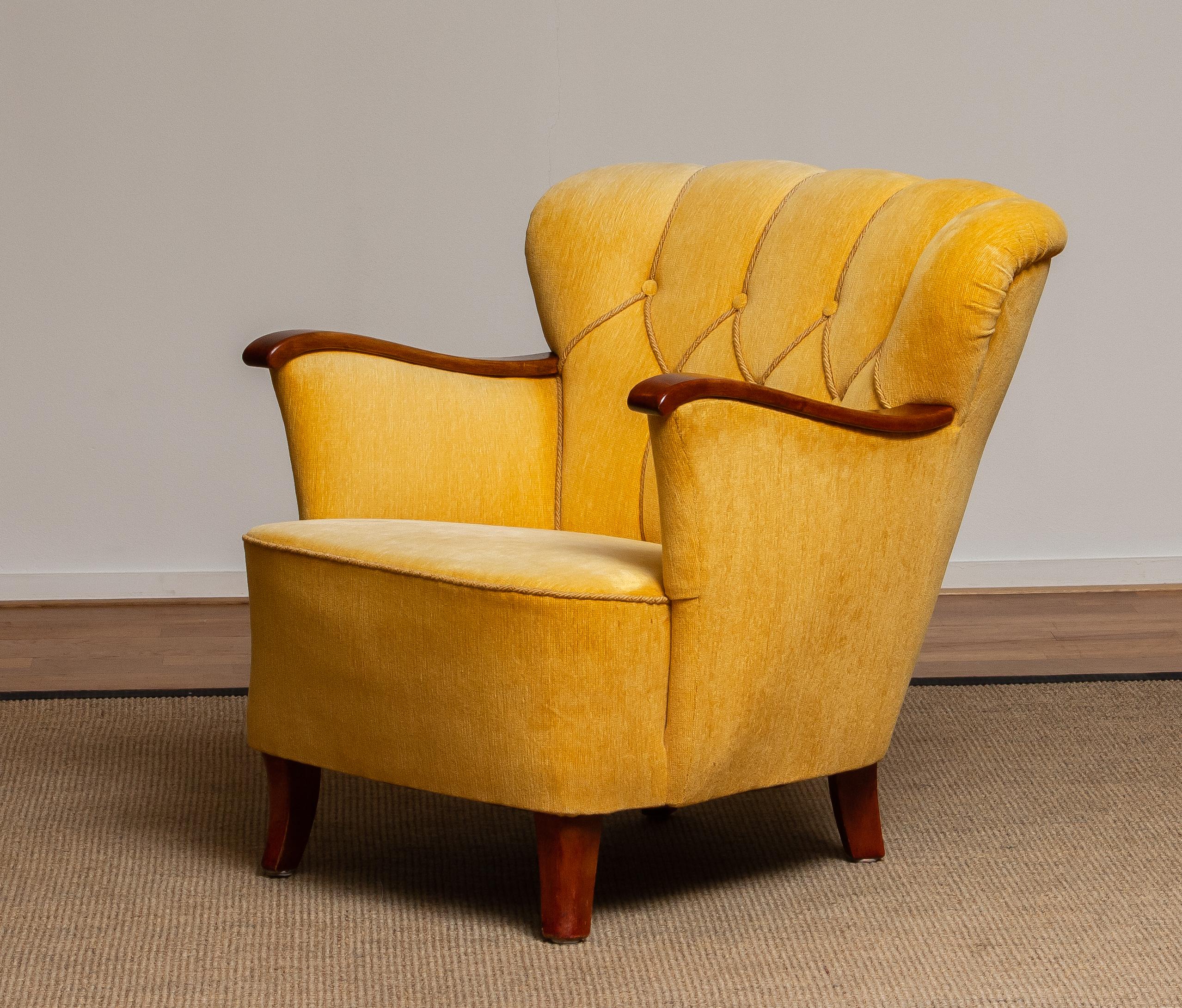 Yellow Velvet Lounge / Easy / Club Chair with Mahogany Details from Sweden, 1940 5