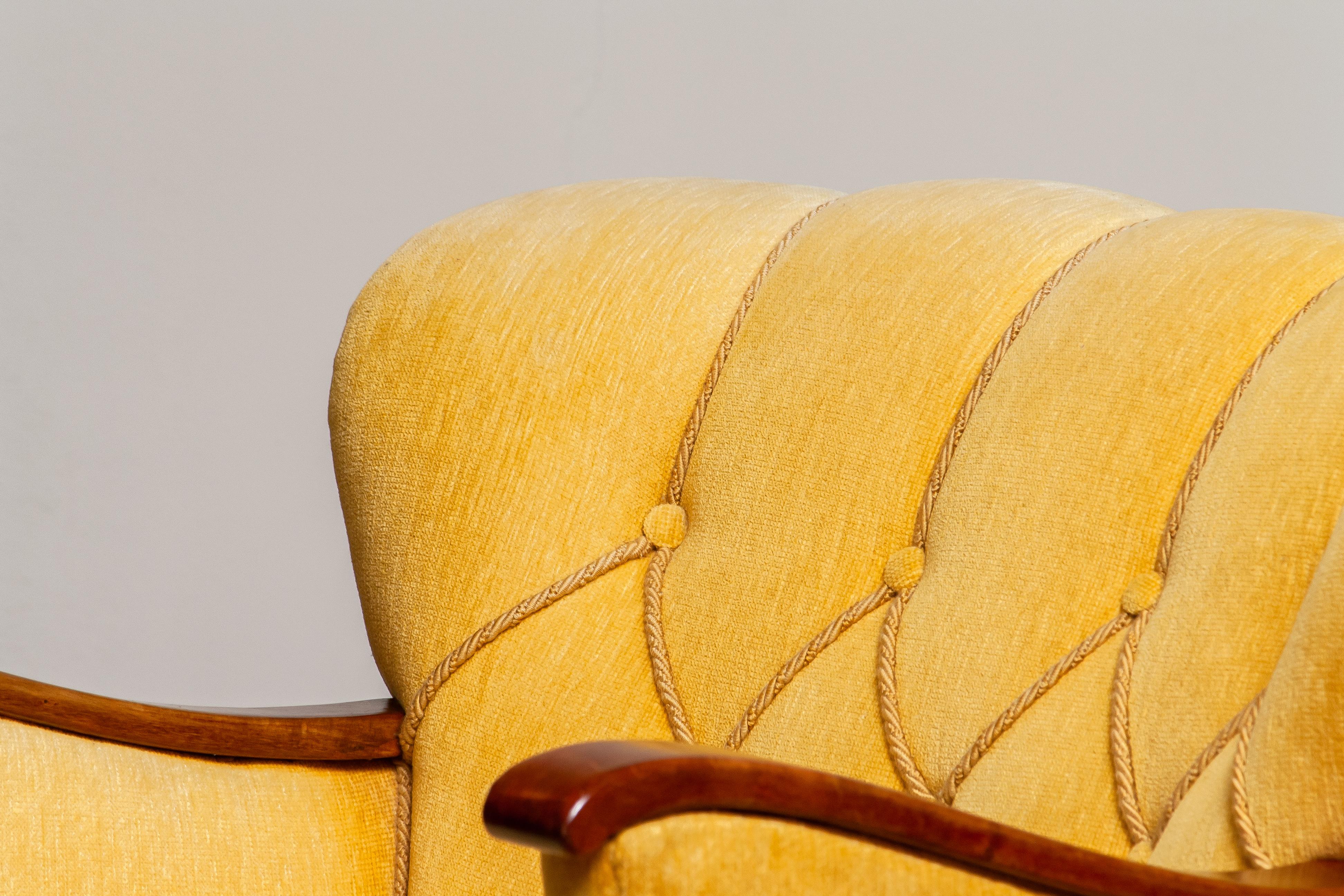 Yellow Velvet Lounge / Easy / Club Chair with Mahogany Details from Sweden, 1940 6