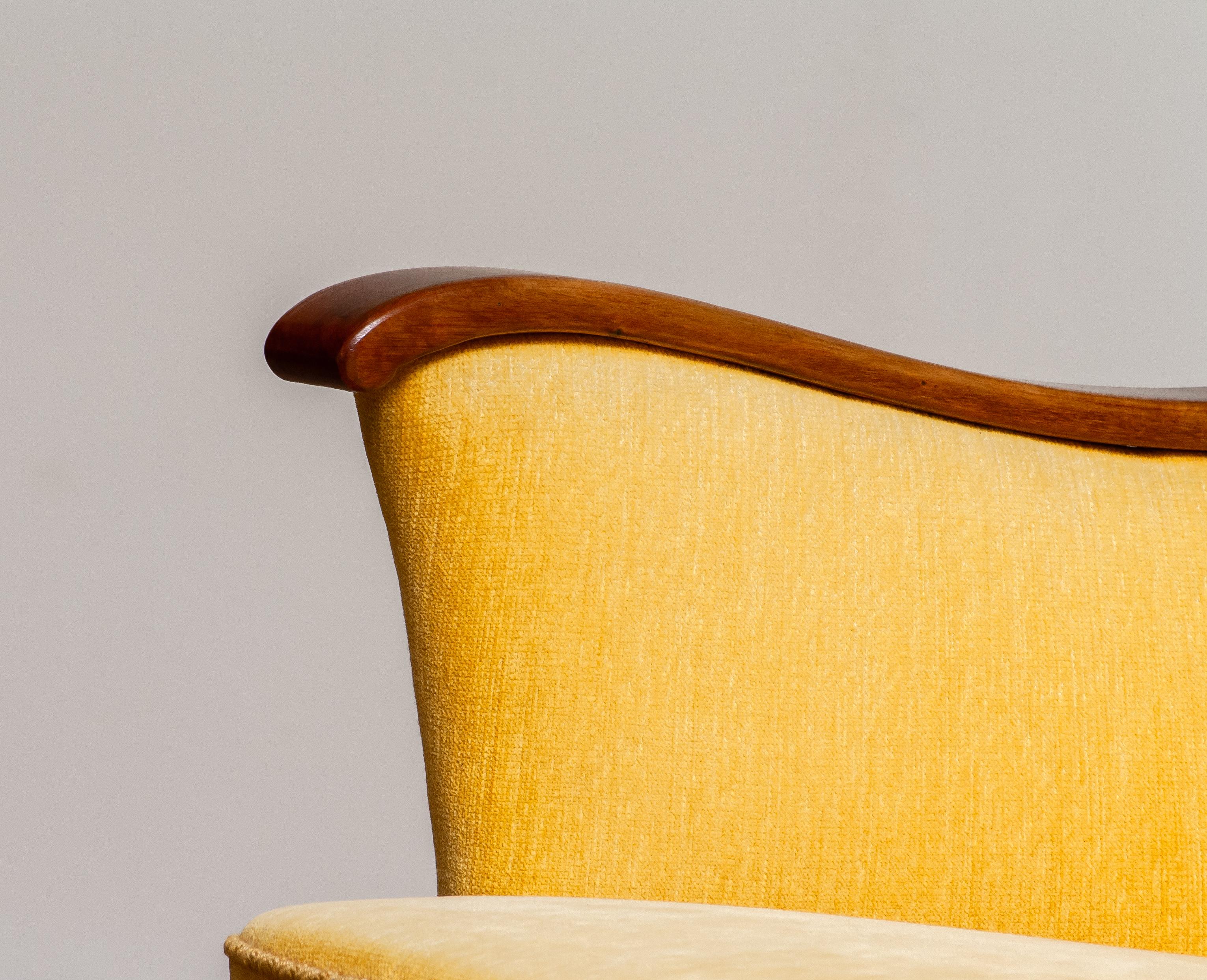 Yellow Velvet Lounge / Easy / Club Chair with Mahogany Details from Sweden, 1940 8