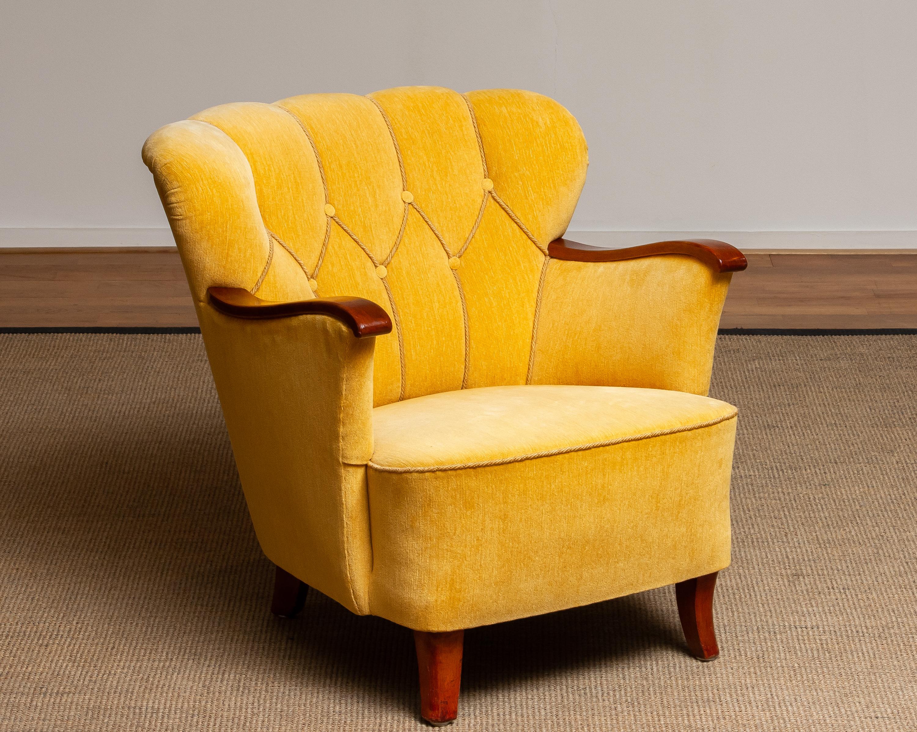 Yellow Velvet Lounge / Easy / Club Chair with Mahogany Details from Sweden, 1940 9
