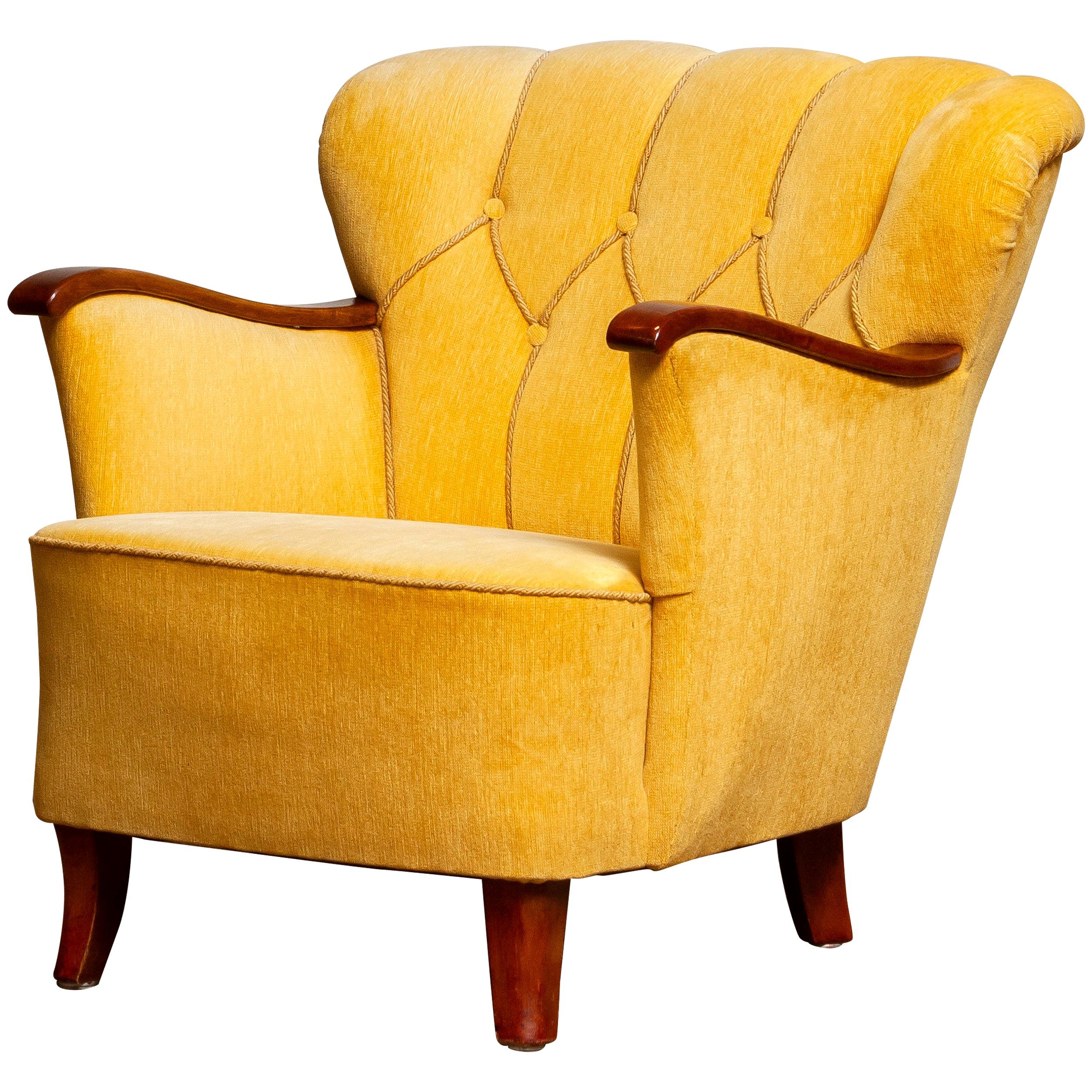 American Classical Yellow Velvet Lounge / Easy / Club Chair with Mahogany Details from Sweden, 1940