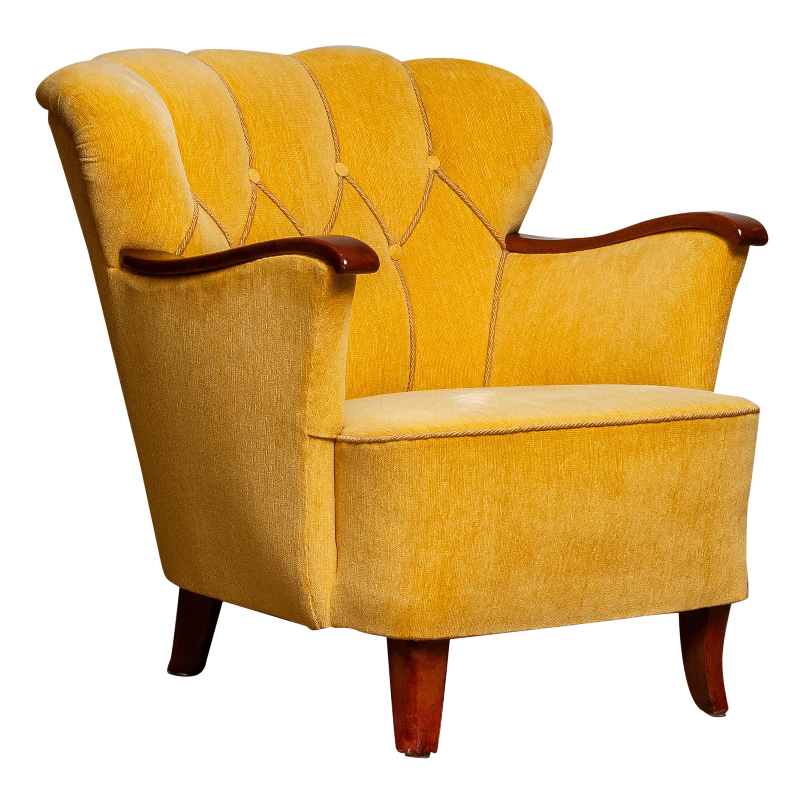 Swedish Yellow Velvet Lounge / Easy / Club Chair with Mahogany Details from Sweden, 1940