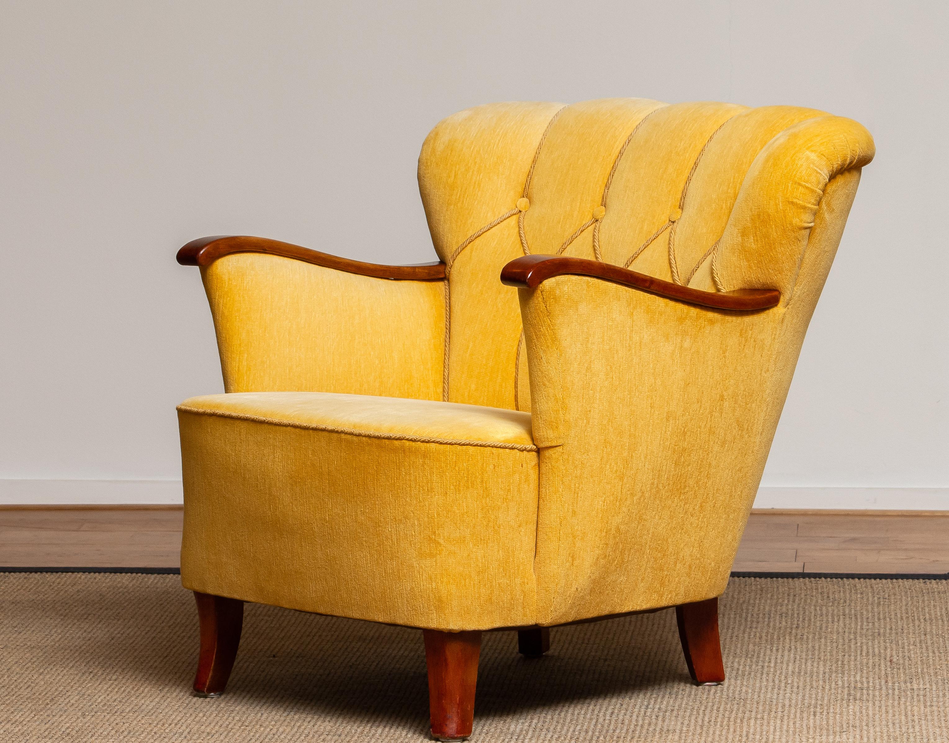 Mid-20th Century Yellow Velvet Lounge / Easy / Club Chair with Mahogany Details from Sweden, 1940