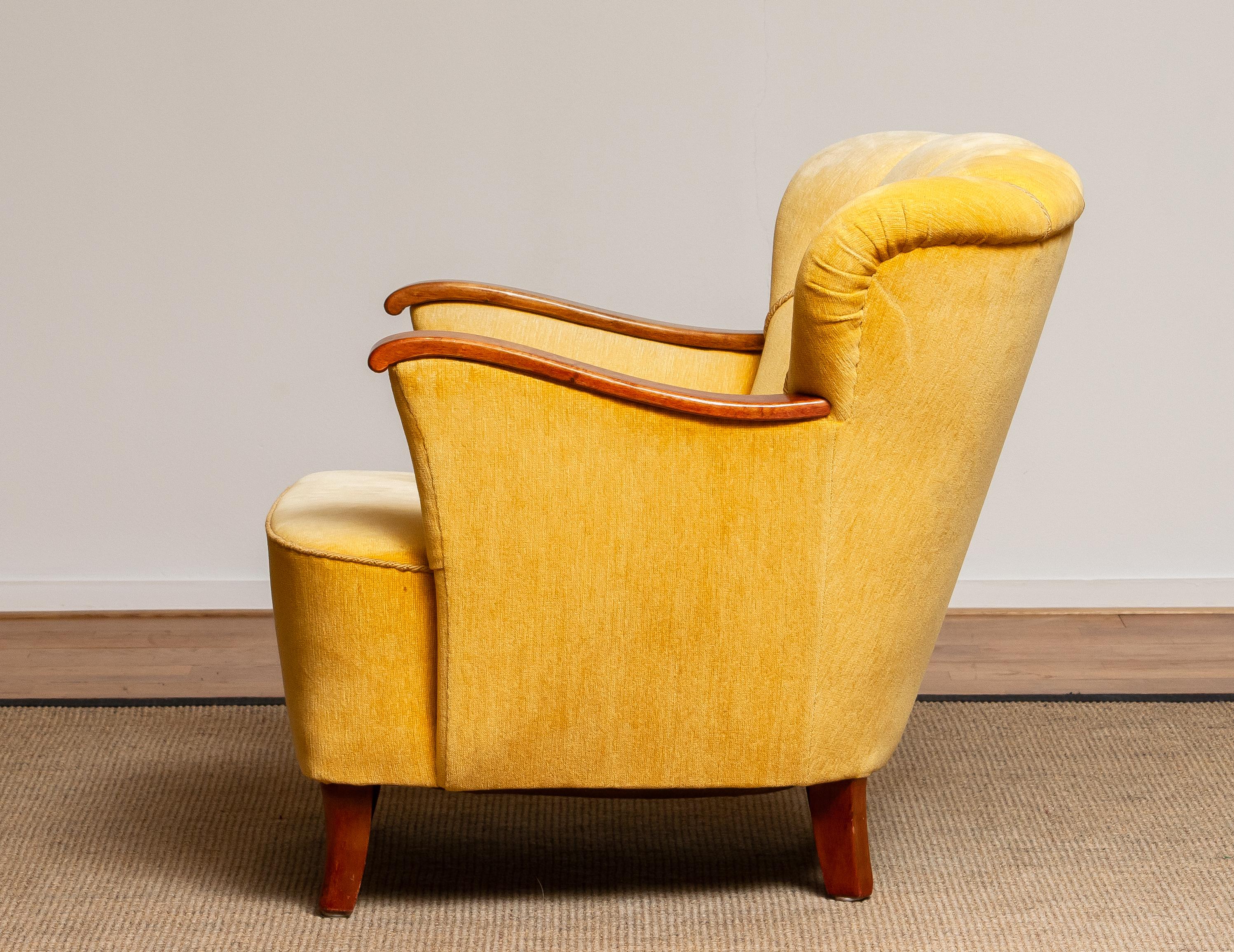 Yellow Velvet Lounge / Easy / Club Chair with Mahogany Details from Sweden, 1940 1