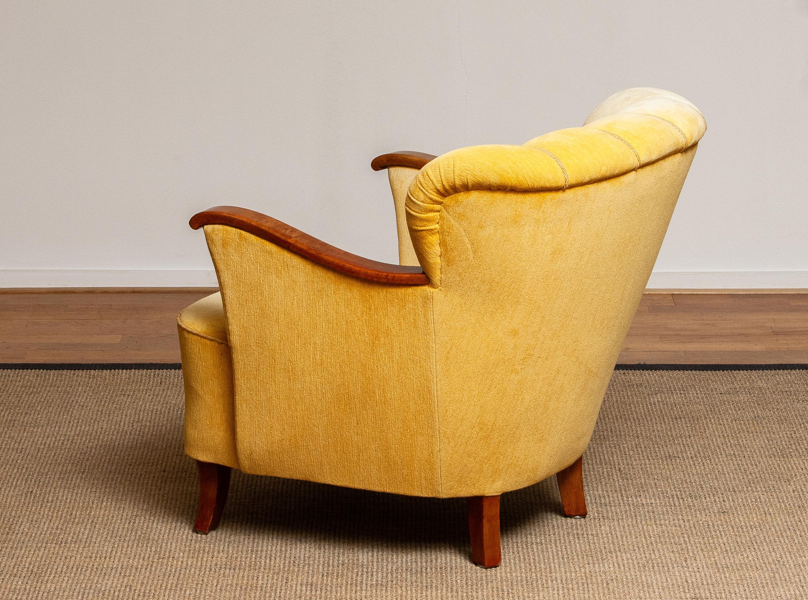 Yellow Velvet Lounge / Easy / Club Chair with Mahogany Details from Sweden, 1940 2