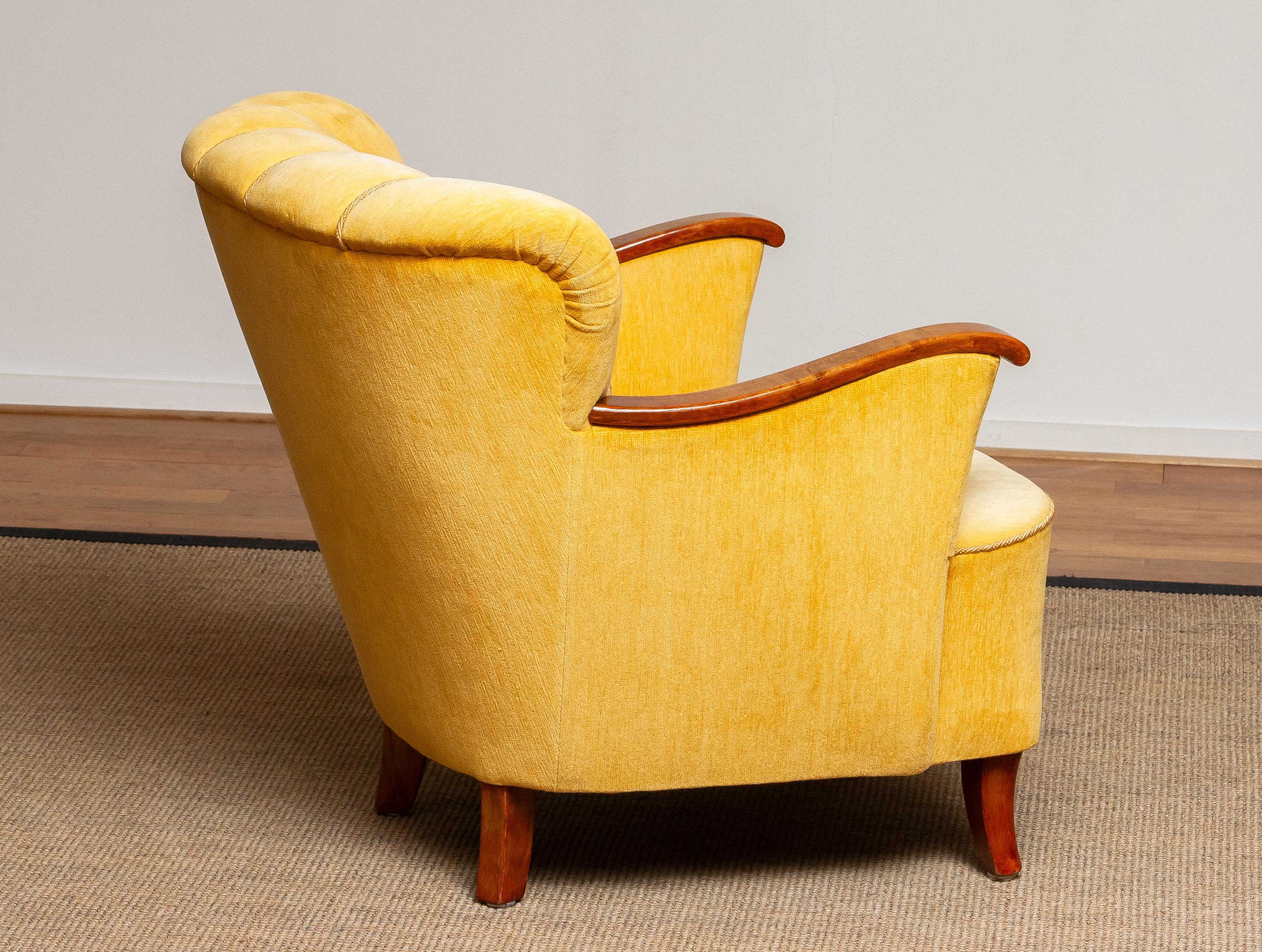 Yellow Velvet Lounge / Easy / Club Chair with Mahogany Details from Sweden, 1940 3