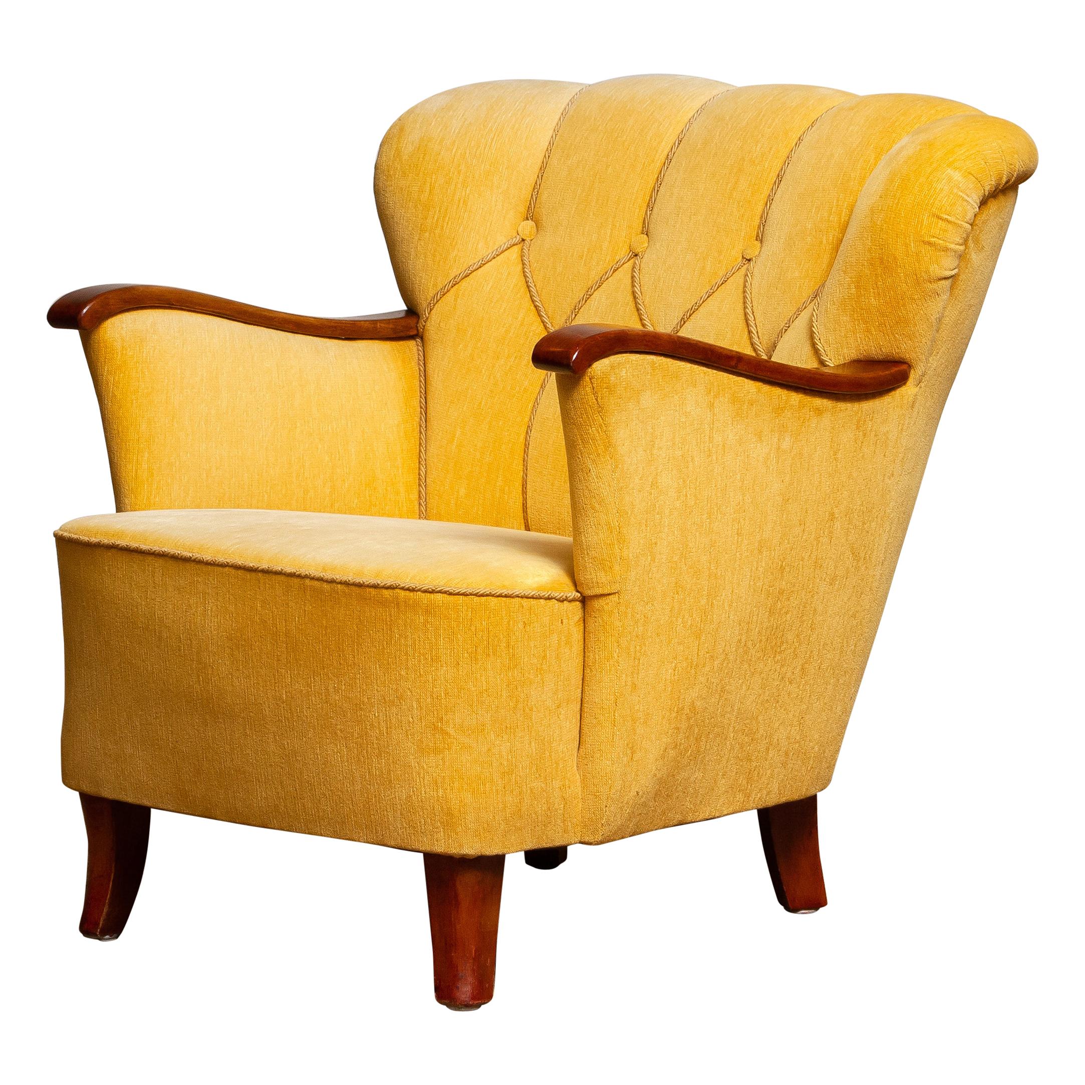 Yellow Velvet Lounge / Easy / Club Chair with Mahogany Details from Sweden, 1940