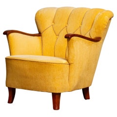 Yellow Velvet Lounge / Easy / Club Chair with Mahogany Details from Sweden, 1940