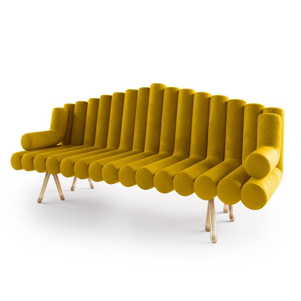Modern Yellow Velvet Sofa with Brass Legs For Sale