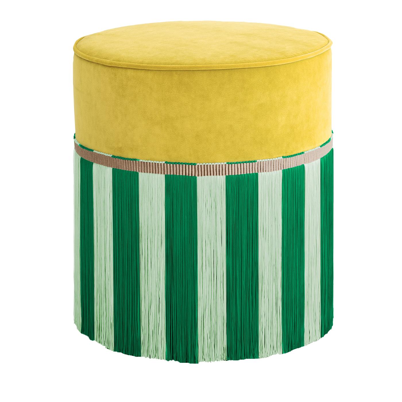 Gelber Samt mit zweifarbigen Fransen Pouf (Textil) im Angebot