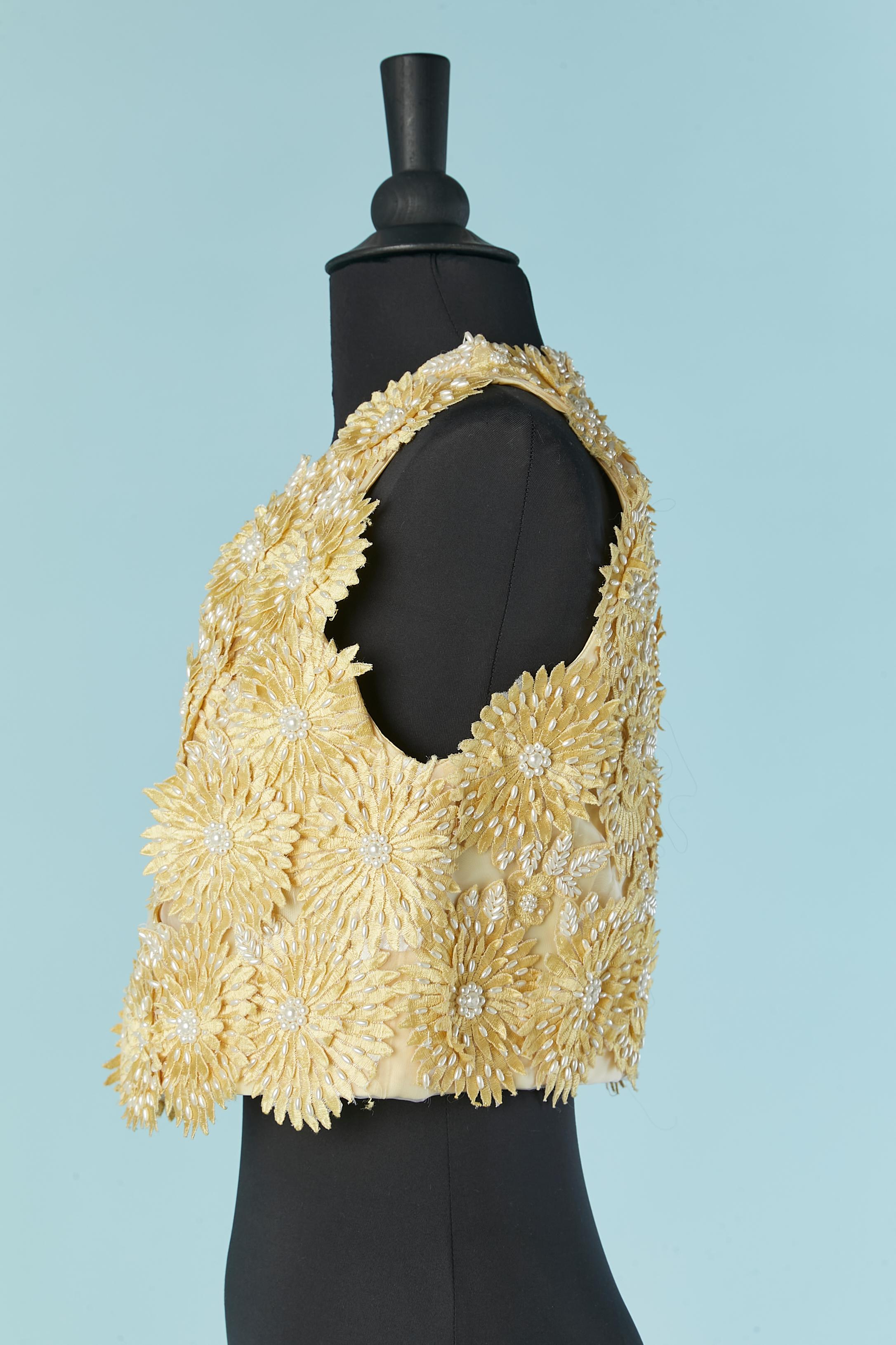 Beige Yellow vest with thread flowers appliqué and beadwork Circa 1960's For Sale