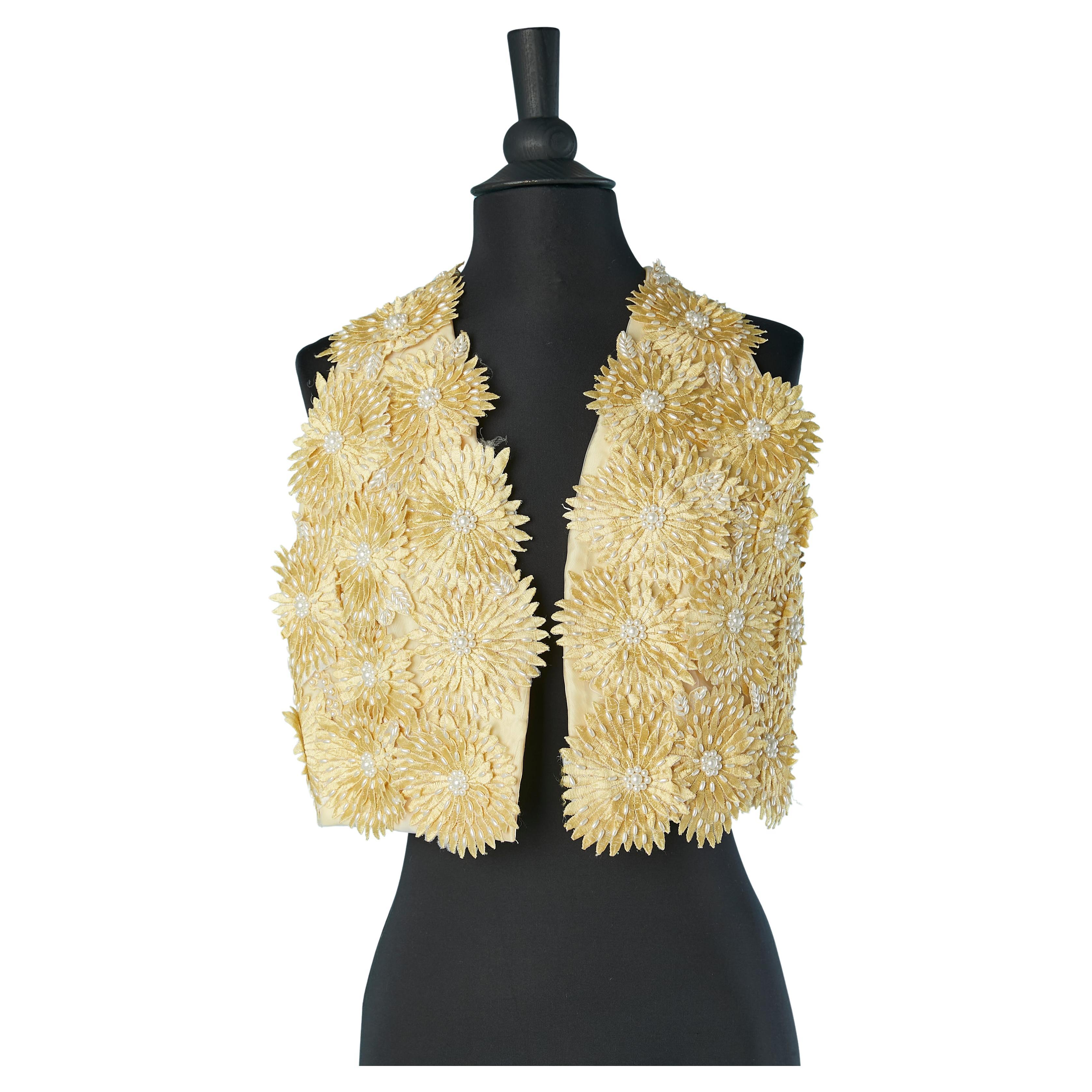 Yellow vest with thread flowers appliqué and beadwork Circa 1960's For Sale