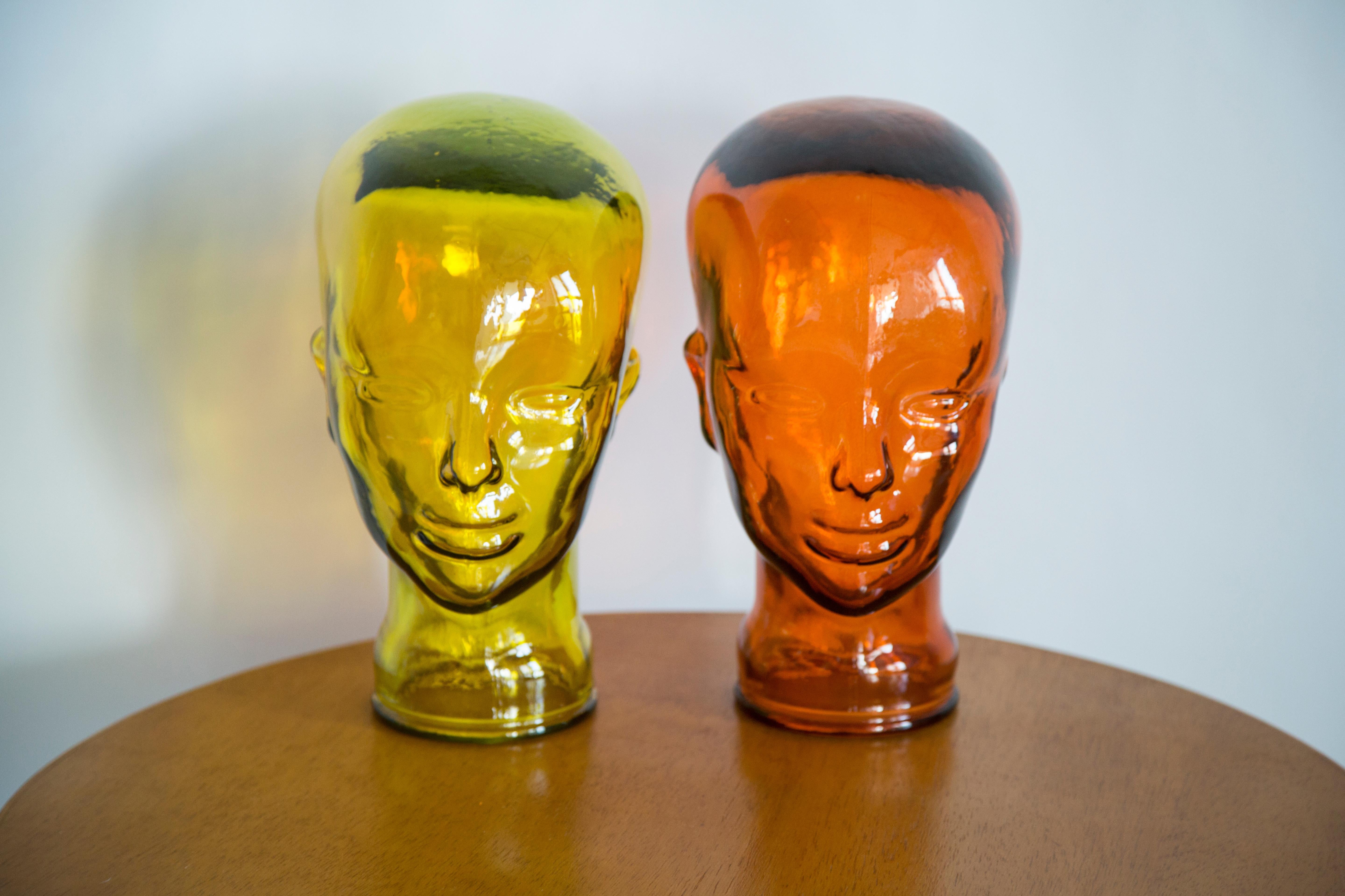 Mid-Century Modern Yellow Vintage Decorative Mannequin Glass Head Sculpture, 1970s, Germany For Sale