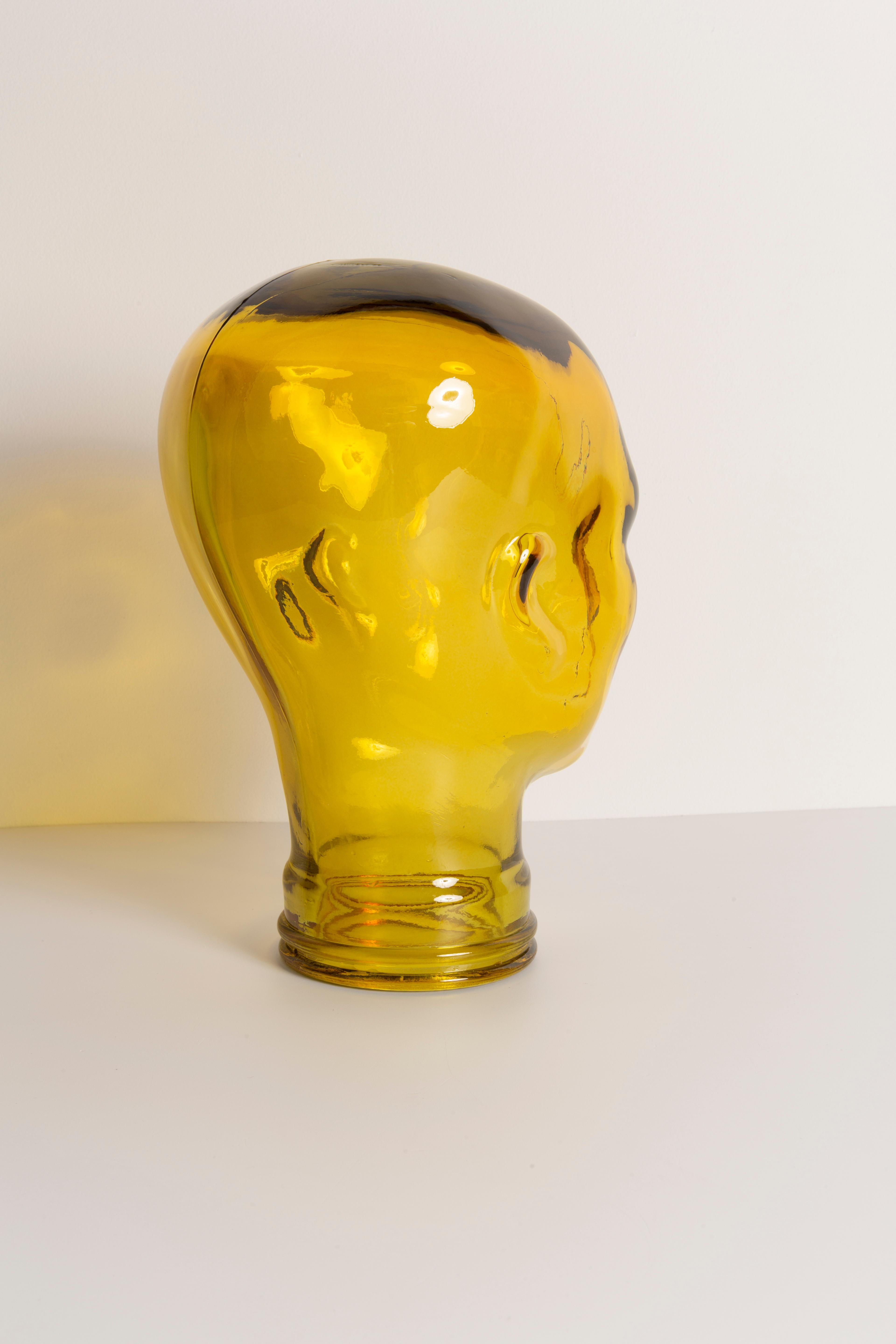 Mid-Century Modern Yellow Vintage Decorative Mannequin Glass Head Sculpture, 1970s, Germany For Sale