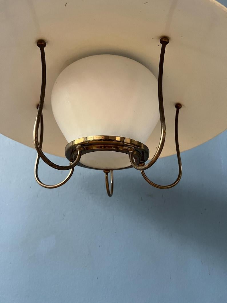 Yellow Vintage Mid Century Opaline Glass & Brass Lantern Pendant Lamp, 1950s In Excellent Condition In ROTTERDAM, ZH