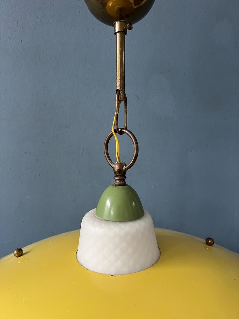 20th Century Yellow Vintage Mid Century Opaline Glass & Brass Lantern Pendant Lamp, 1950s