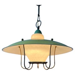 Yellow Vintage Mid Century Opaline Glass & Brass Lantern Pendant Lamp, 1950s