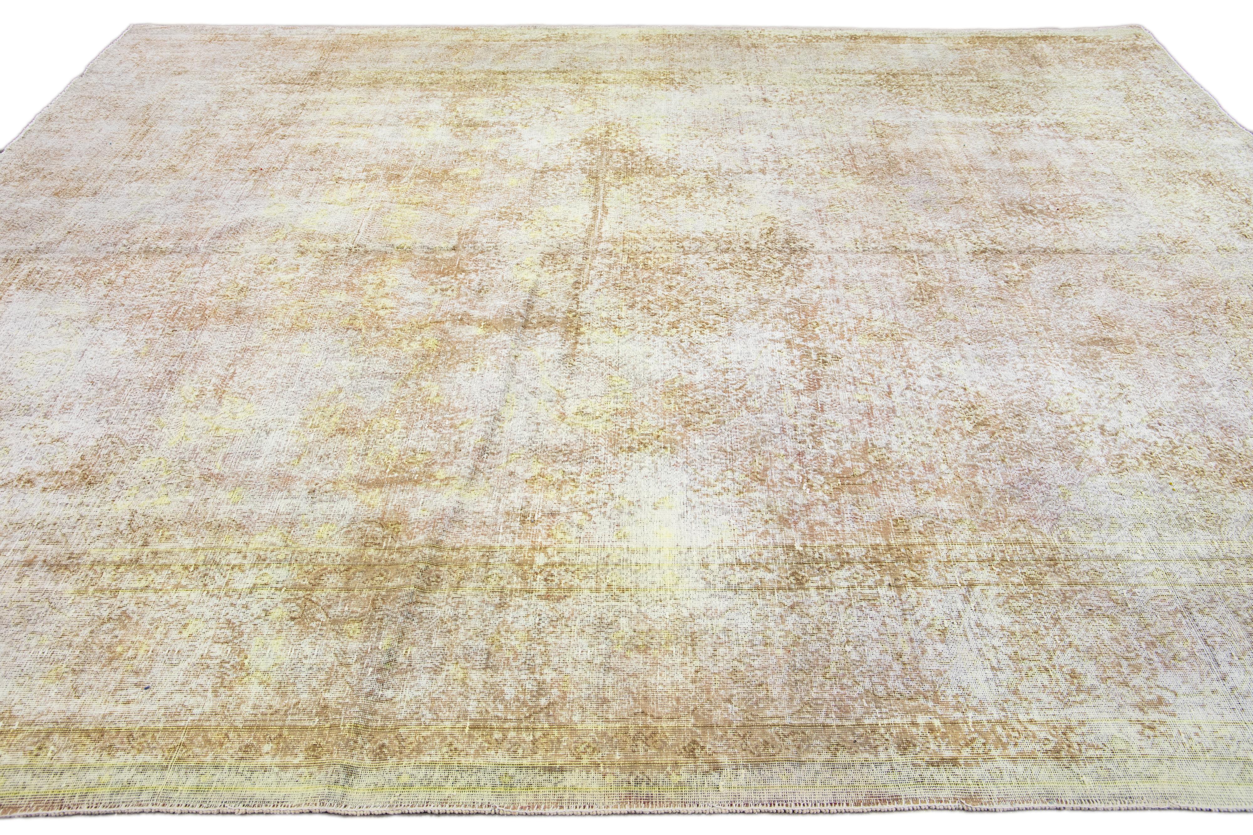 Hand-Knotted Yellow Vintage Overdyed Handmade Allover Designed Wool Rug For Sale