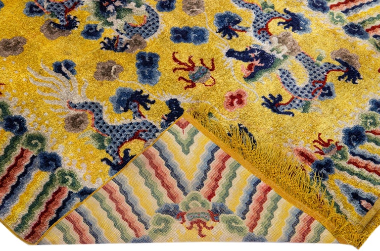 Yellow Vintage Peking Chinese Handmade silk Rug With Traditional Dragon