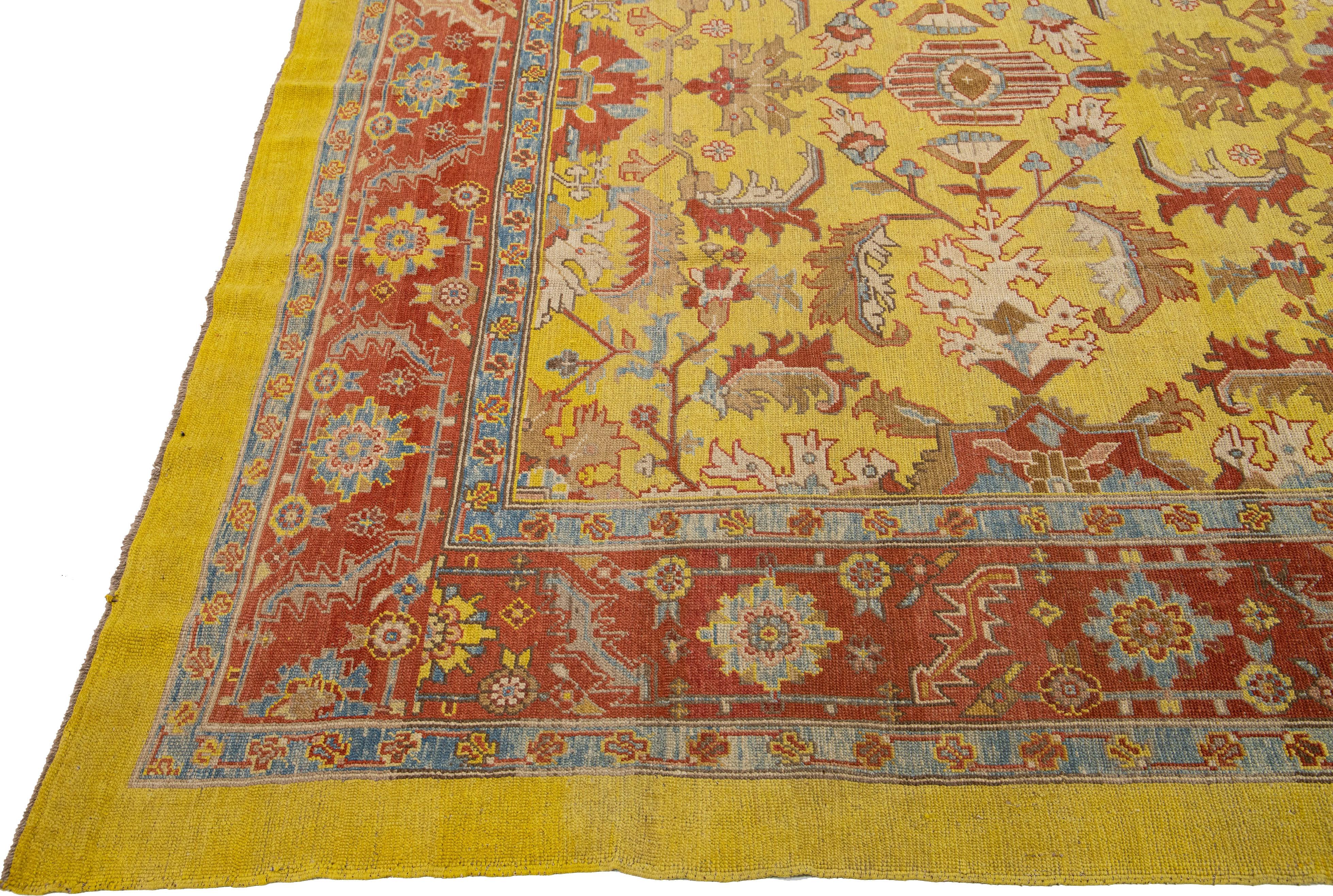 Hand-Knotted Yellow Vintage Bakshaish Handmade Tribal Wool Rug For Sale