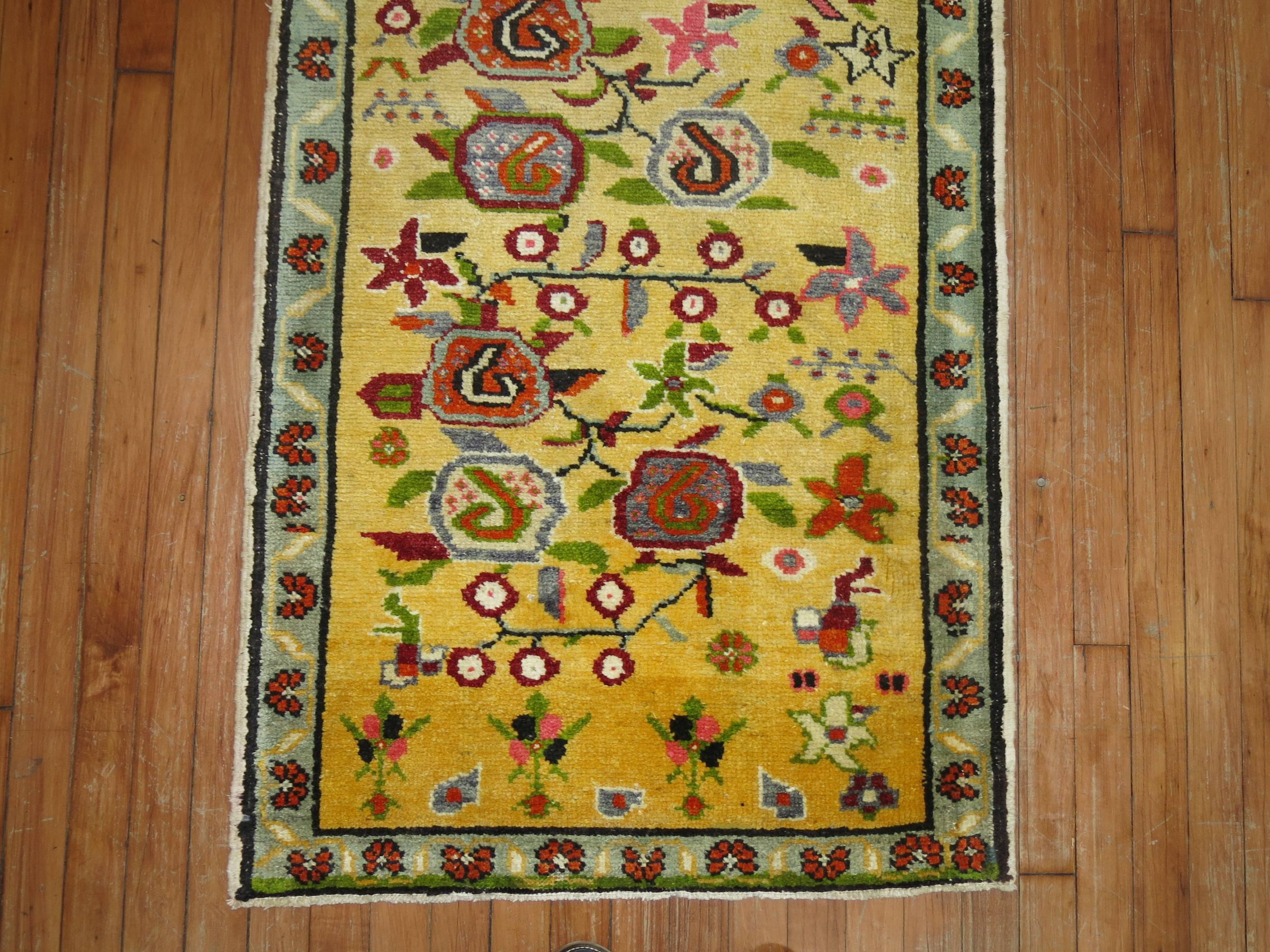 Hand-Knotted Yellow Vintage Turkish Runner