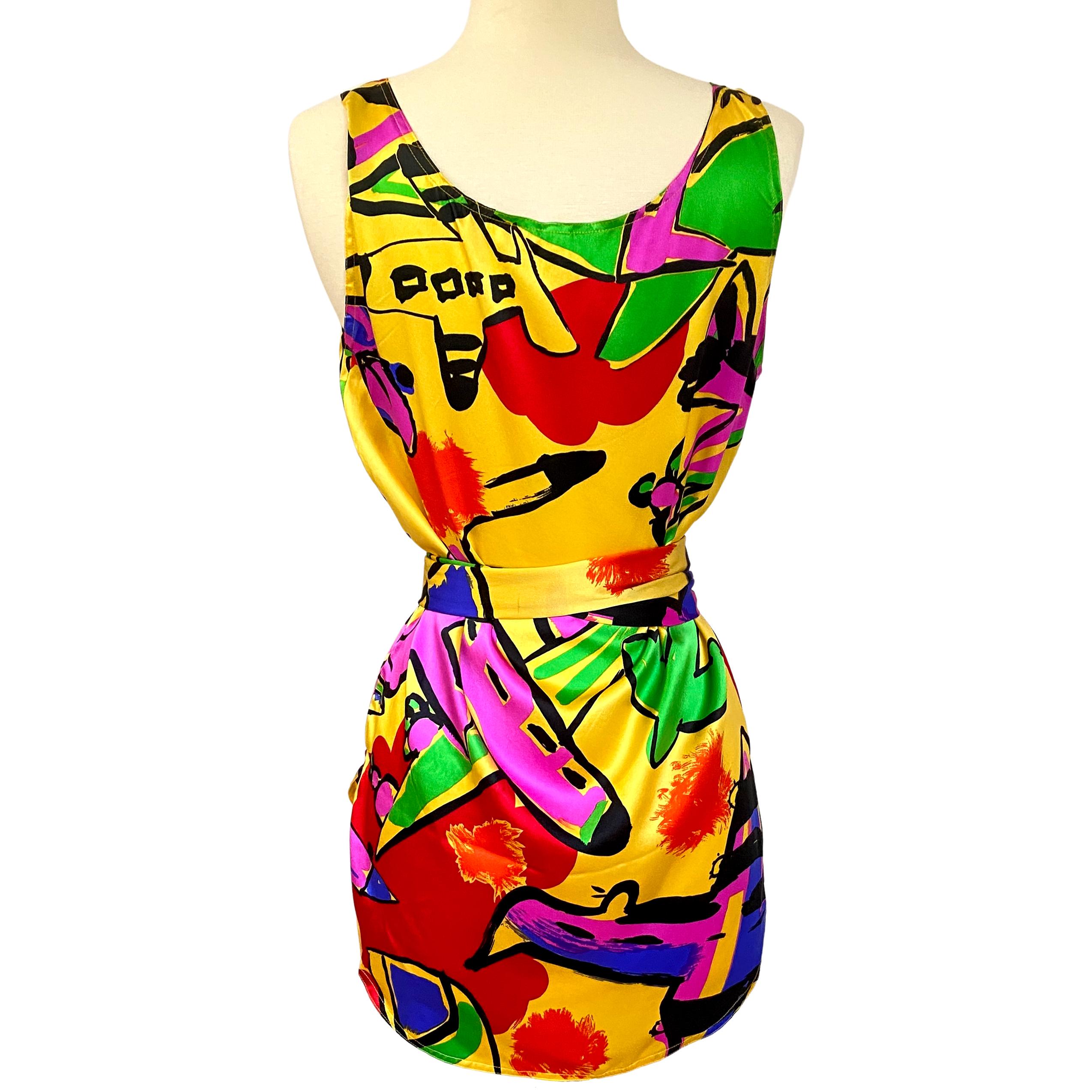 Women's Flora Kung Pop Art Mini Silk Dress For Sale
