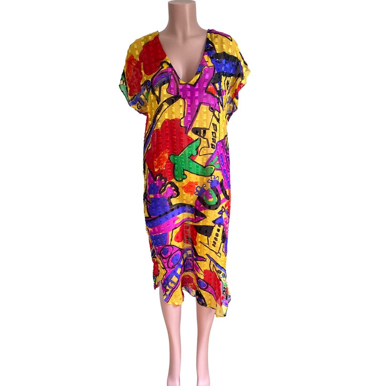 Pop Art Print Sheer Silk Dress - FLORA KUNG For Sale at 1stDibs | flora  kung dress, flora kung silk dress, colorful silk dress