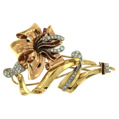 Yellow, White and Rose Gold Brooch with Diamond and Rubies