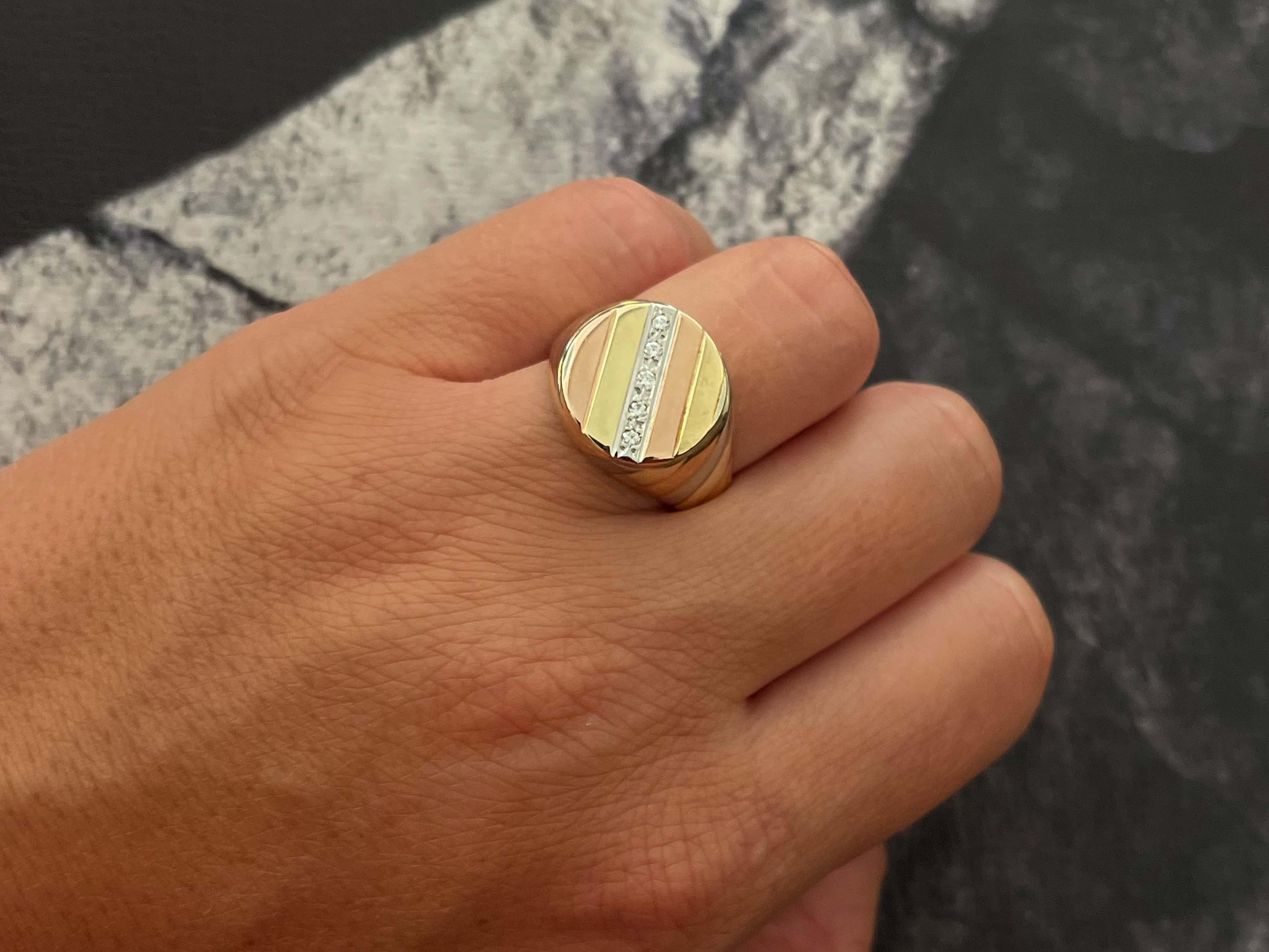 Modern Yellow White and Rose Gold Diamond Signet Ring in 14k  For Sale