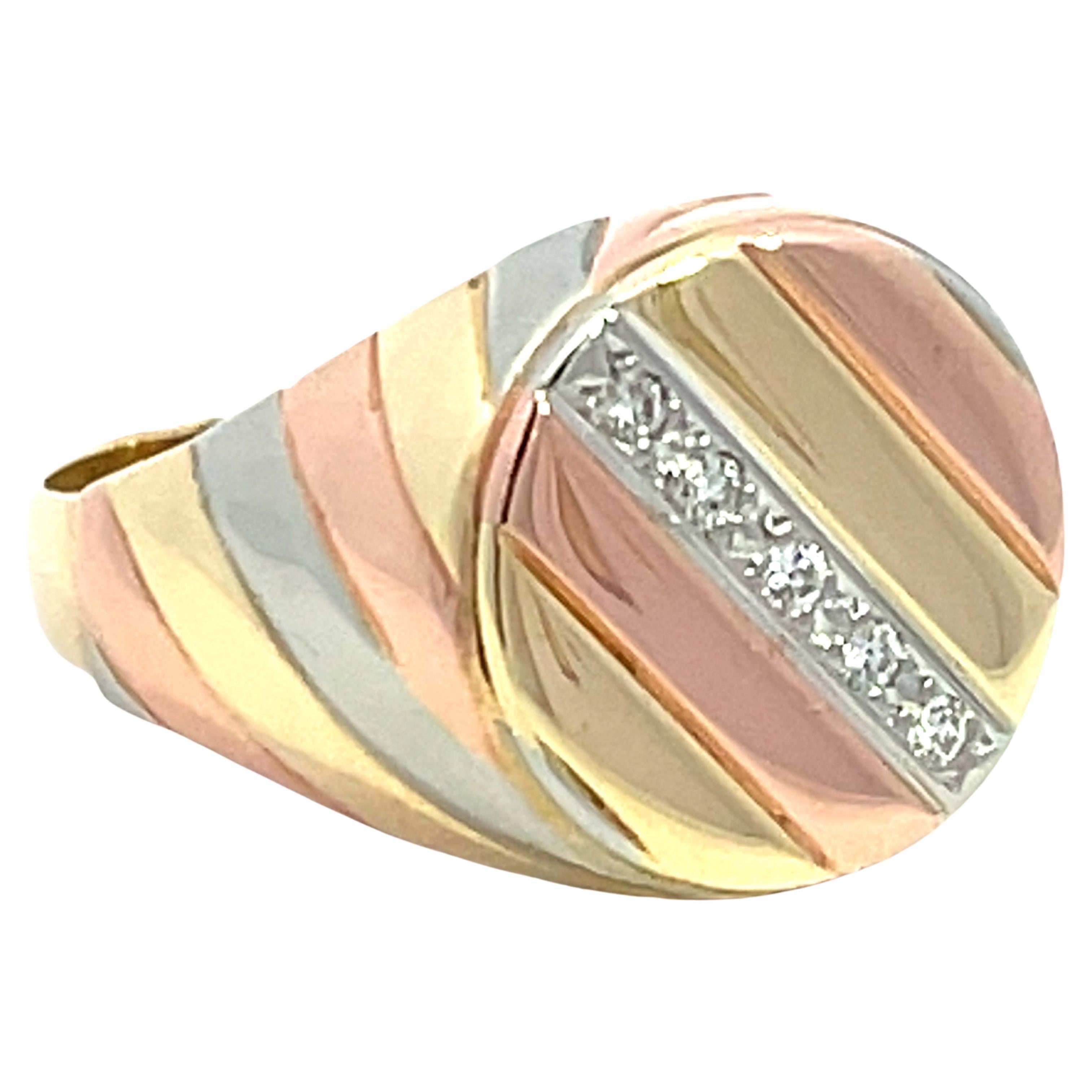 Yellow White and Rose Gold Diamond Signet Ring in 14k  For Sale