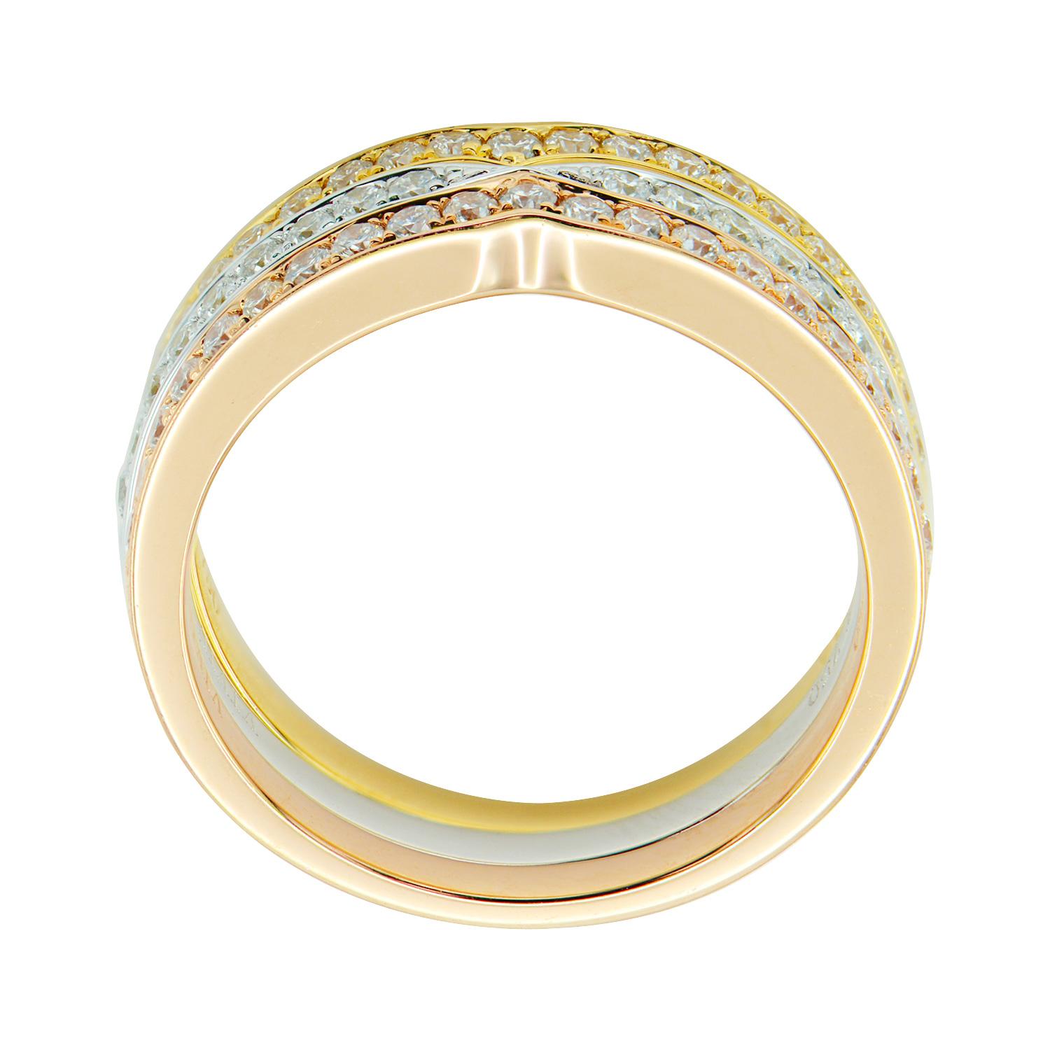 This stylish ring is made of 3 separate bands, one in white gold, one in rose gold, and one in yellow gold, that stack together beautifully. Each band has diamonds halfway around the band. There are 60 round VS2, G color diamonds totaling 0.67