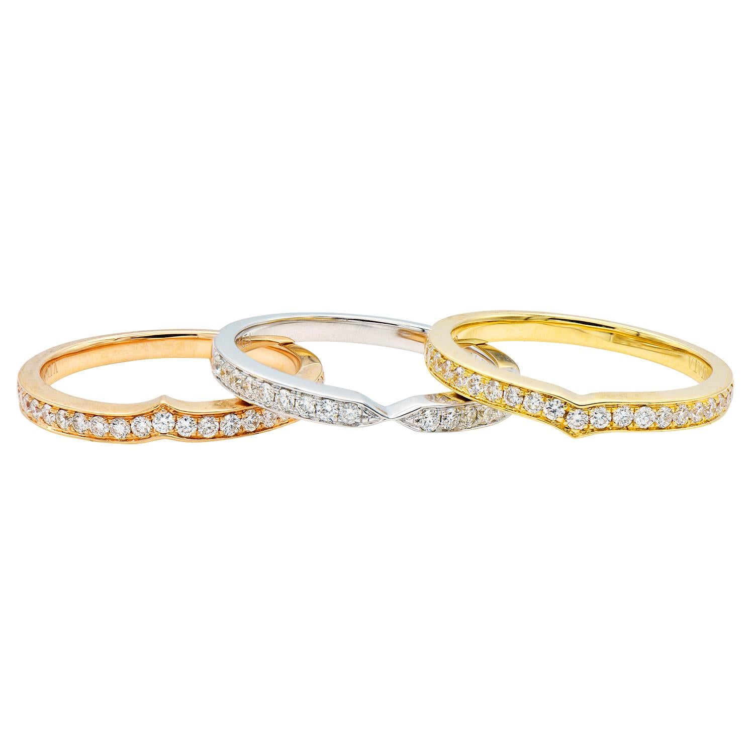 Round Cut Yellow, White, and Rose Gold Stacking Band Set For Sale
