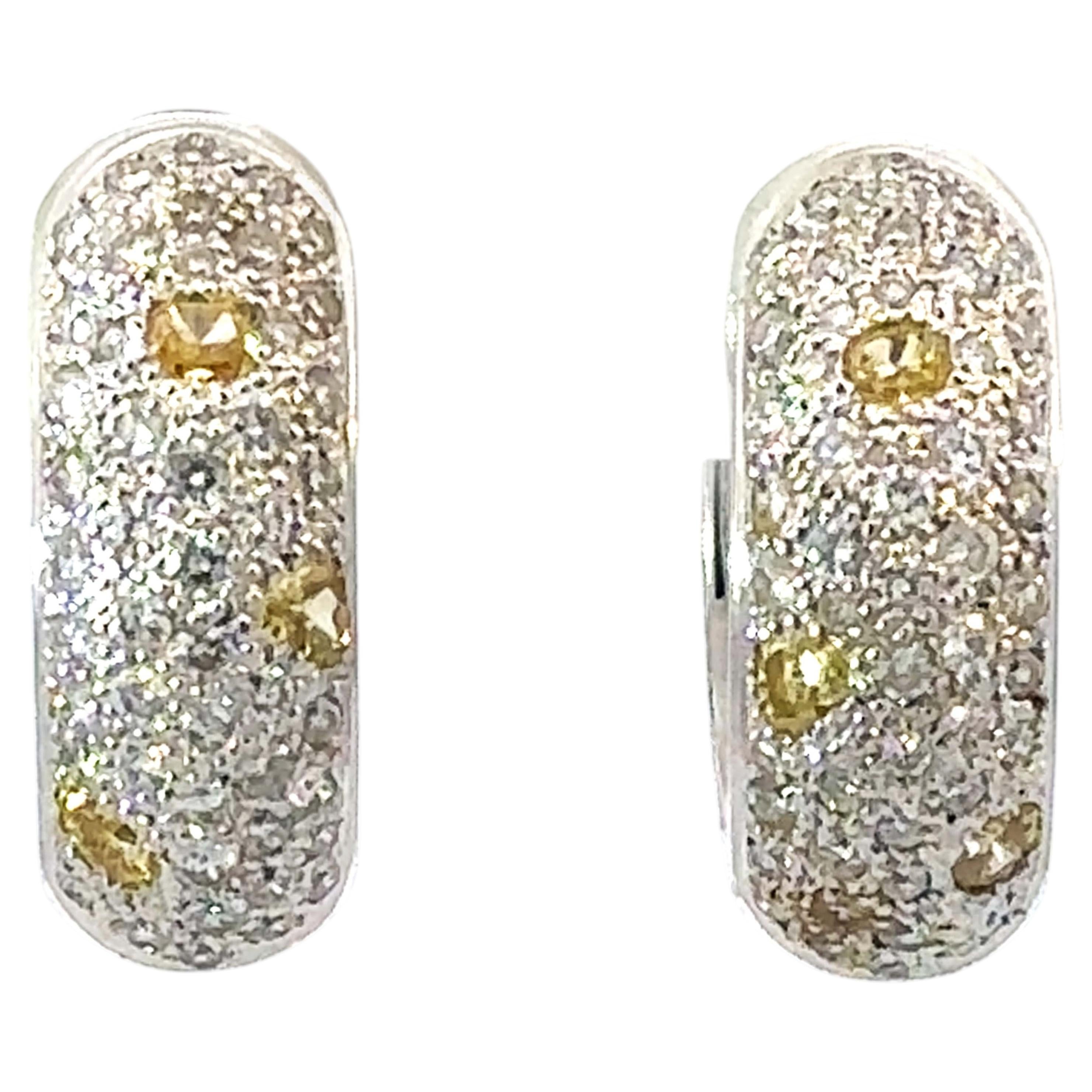 Yellow/White Diamond Chunky Pave Hoop Earring 18k White Gold For Sale