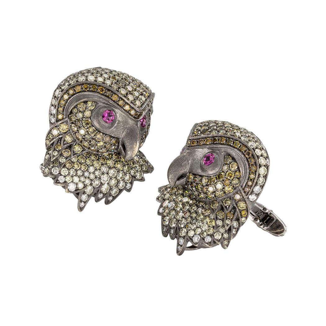Yellow and White diamond and pink sapphire black gold owl cufflinks.  Clear and concise information you want to know is listed below.  Contact us right away if you have additional questions.  We are here to connect you with beautiful and affordable