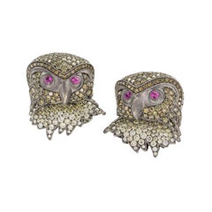 Boutons de manchette hibou en diamants jaunes et blancs