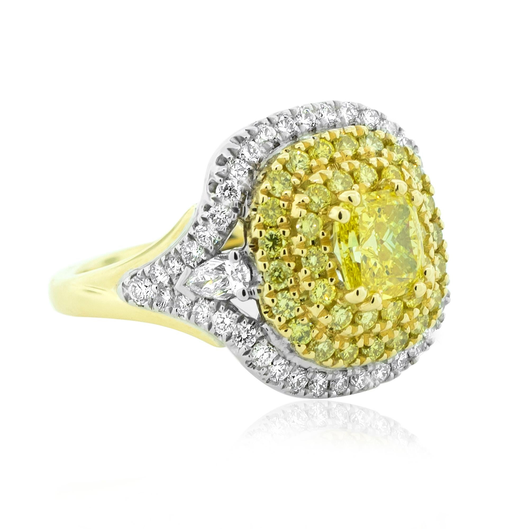 Discover the passion unearthed by the power of Love with this magnificent Amore yellow diamond ring.
Inspired by the idea of love as transformative through touch, this ring features a 1.21ct Radiant cut Fancy Vivid yellow central diamond surrounded