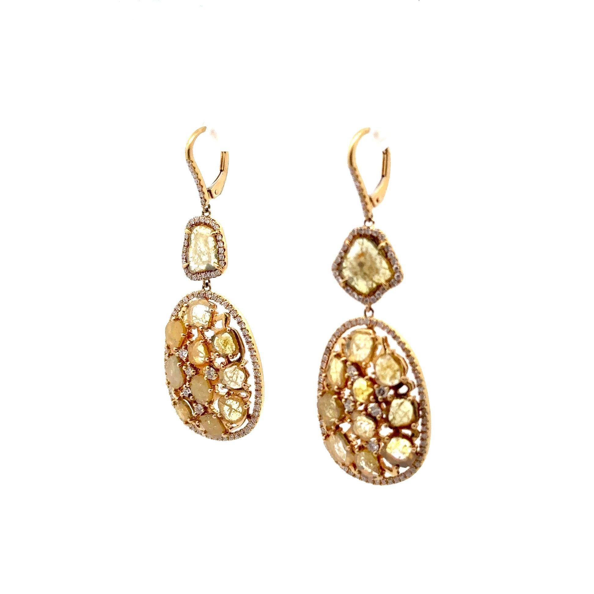 Mixed Cut Yellow & White Diamond Slice 18k Yellow Gold Drops Earrings For Sale