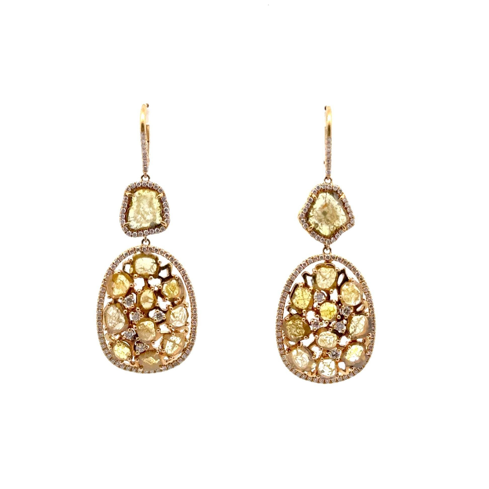 Yellow & White Diamond Slice 18k Yellow Gold Drops Earrings In New Condition For Sale In Beverly Hills, CA